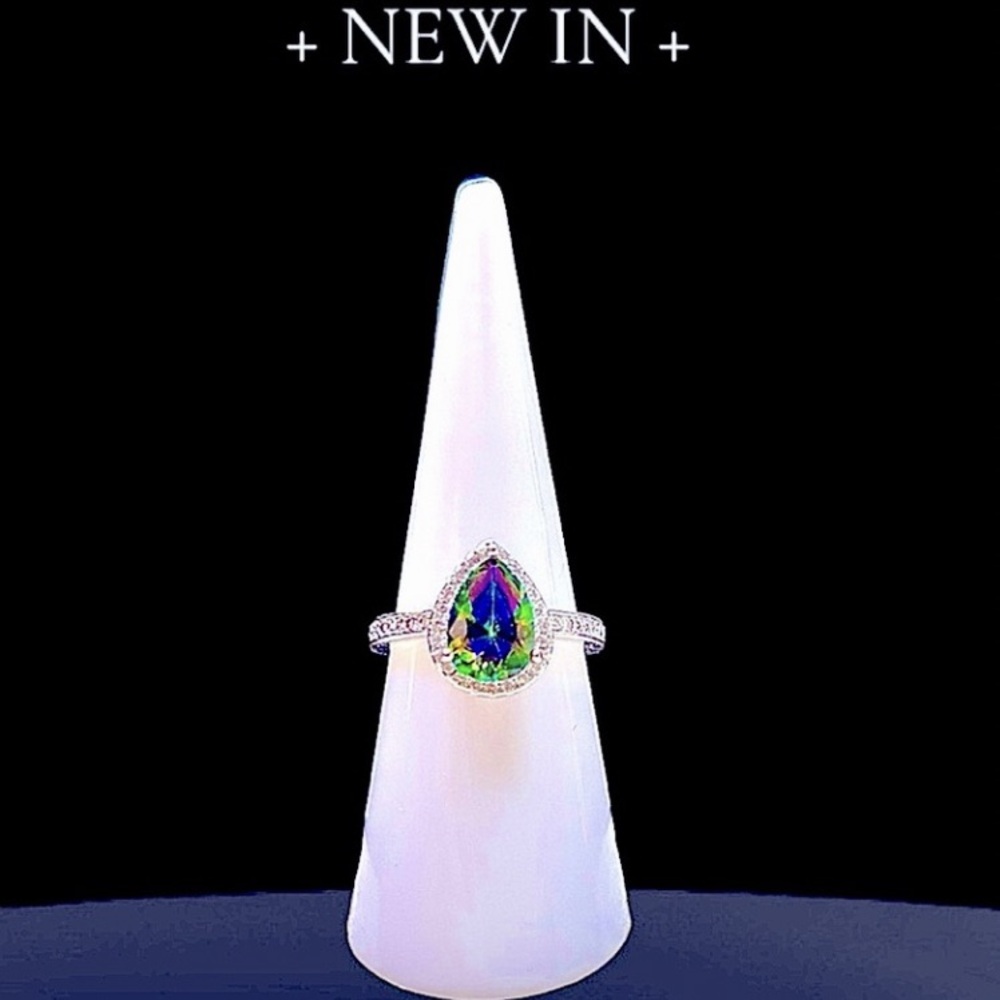 Mystic Rainbow Teardrop Cut Sterling Silver Ring with AAA Zircon stones NWT